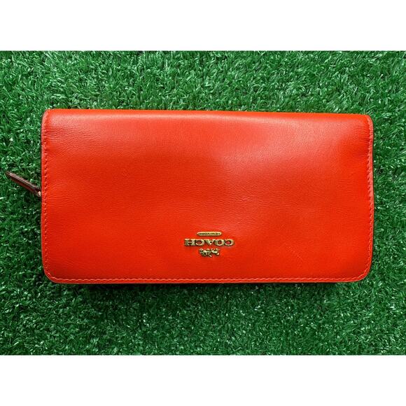 COACH Smooth Leather Skinny Wallet Deep Coral Snap Wallet RARE - Picture 1 of 10